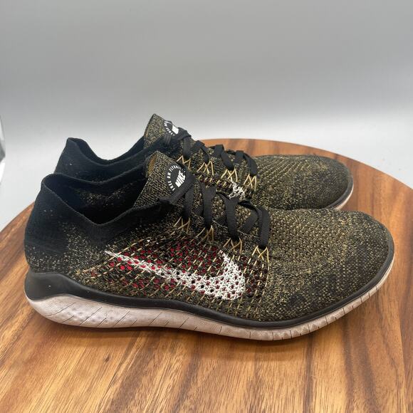 Nike Free RN Flyknit Shoes Mens 9.5 Black Gold Running Comfort Walking Sneakers - Picture 1 of 8